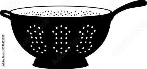Black silhouette of a kitchen colander with many small holes and two handles isolated on white background
