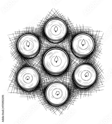 Hand-Drawn Sketch of Tealight Candles in Cross-Hatching Style. Vector Illustration for Relaxation and Wellness.