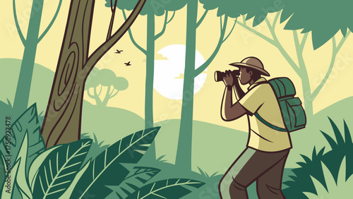 Adventure Photography of a Man Capturing Wildlife in a Jungle Landscape at Sunrise
