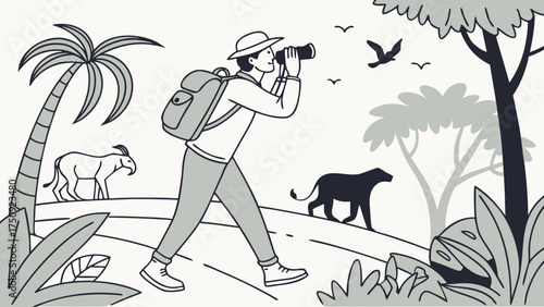 Adventurer with Camera Captures Wildlife in Lush Landscape