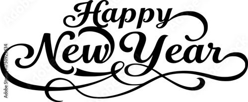 Elegant script happy new year vector illustration with flowing curves for festive greetings silhouette White background
