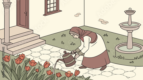 Gardener Watering Tulips in a Tranquil Courtyard - Illustrative Art - Nature Scene - Indoor Garden View