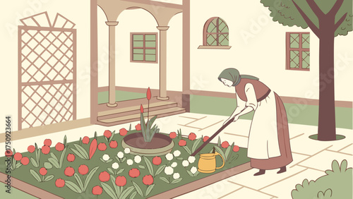 Woman Tending Flowers in a Courtyard Garden, Illustration in a Serene Environment