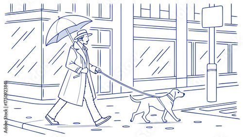 Man Walking Dog in Rainy City Street Under Umbrella - Urban Lifestyle Illustration
