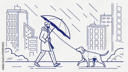 Man Walking Dog Under Umbrella in Rainy Cityscape Illustration