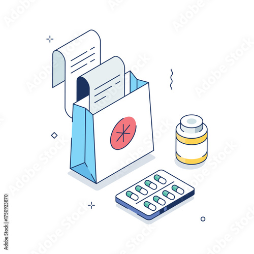Isometric healthcare shopping bag with medicine blister pack and prescription pills.