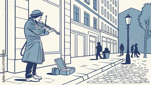 Street Musician Playing Violin on Cobblestone Street in Urban Setting Illustration