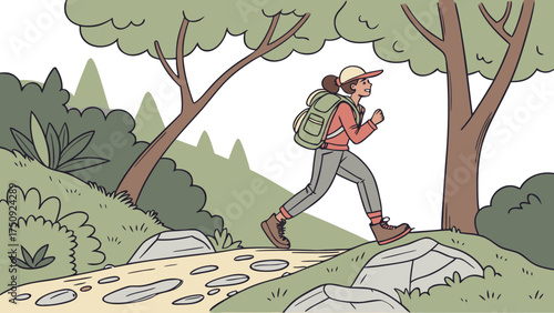 Hiking Adventure, Woman, Forest Trail, Illustration, Nature Environment, Side View, Outdoor Exploration