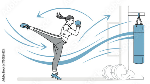 Athletic Woman Practicing Kickboxing in Gym Environment, Action-Focused Illustration