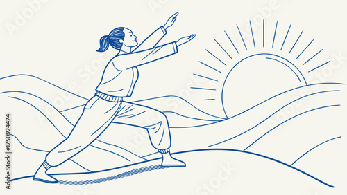 Joyful Woman Walking Through Flower Field with Basket, Nature Scene, Spring Day, Illustration