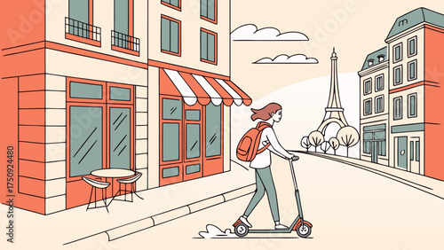 Woman Riding Scooter in Paris, Urban Lifestyle Illustration, Daytime Cityscape