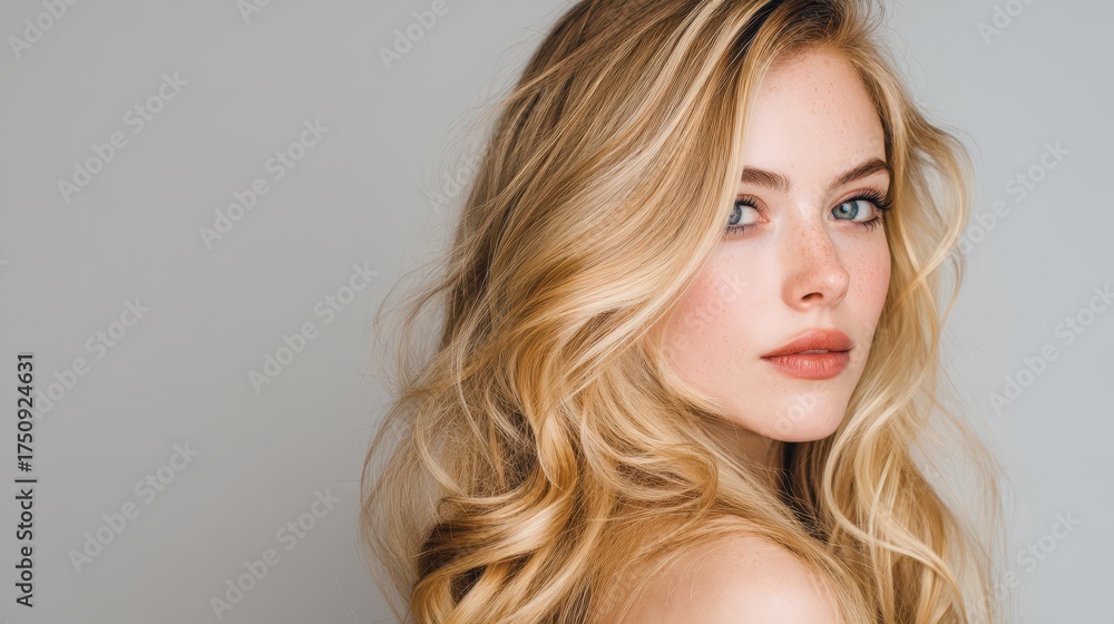Fototapeta premium Stunning portrait of a beautiful young blonde woman with long wavy hair and blue eyes