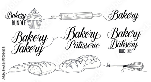 Hand-drawn bakery bundle with various baked goods and kitchen tools.