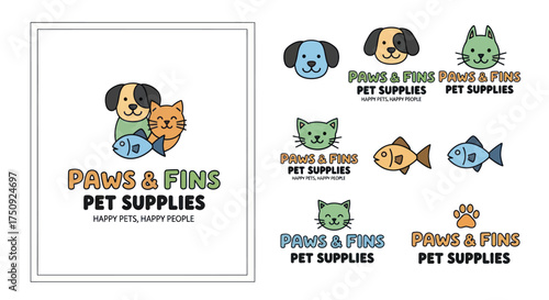 Cute pet supply logo collection with dog cat and fish characters.