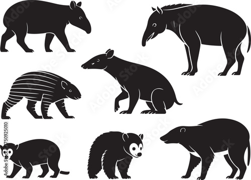 Tapir animal silhouettes set in black and white