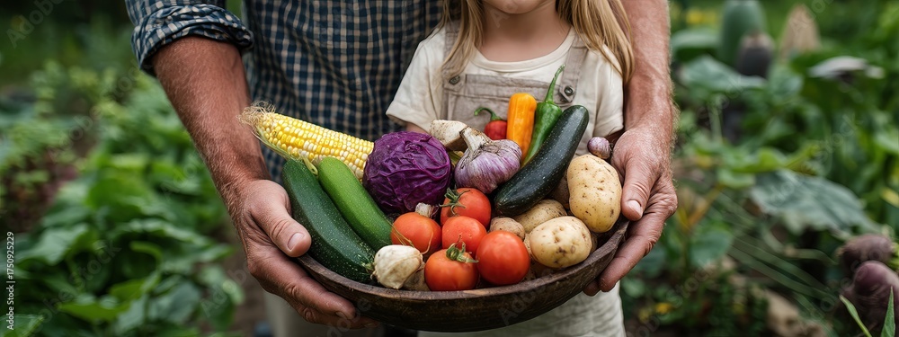 Fototapeta premium Dad and little girl together holding a basket with an abundant harvest of vegetables