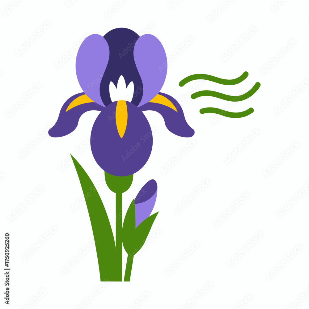 Naklejka premium Elegant Purple Iris Illustration with Bud and Green Leaves on White Background Simple Floral Design