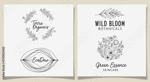 Elegant botanical skincare logos featuring natural organic elements and designs.
