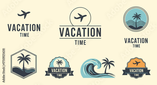 Vintage summer vacation logo collection with travel icons.