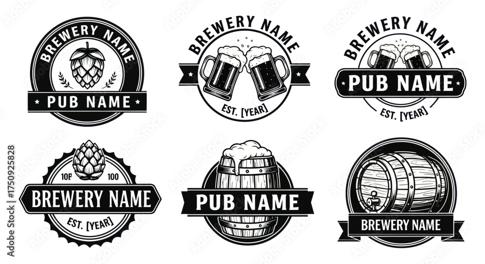 Obraz premium Collection of vintage brewery and pub logos with beer related elements.