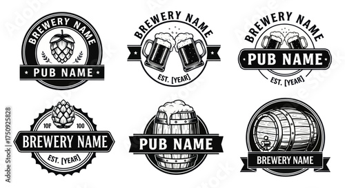 Collection of vintage brewery and pub logos with beer related elements.