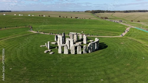 Drone view of Stonehenge and Wiltshire Countryside in England, UK. The stone circle dates to 3000 BC and is one of the best known ancient wonders of the world and UNESCO World Heritage Site.