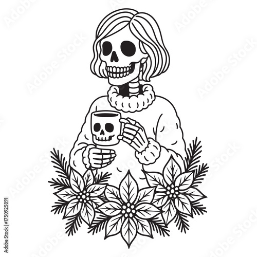 Cozy Skeleton woman in warm jumper with skull cup and flowers poinsettias