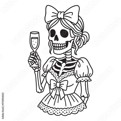 Elegant skeleton lady in dress and bow toasts with a champagne glass. Black and white vector cartoon illustration