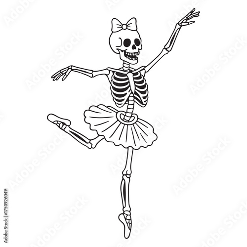Skeleton ballerina in tutu and bow performs a graceful dance pose. Cartoon ector black and white illustration