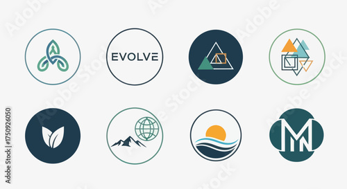 Collection of Diverse Circular Logos Featuring Abstract and Nature-Inspired Designs.