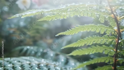 Dew Drops on Green Fern Leaves in Soft Morning Sunlight