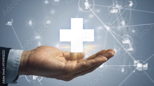 Hand holding healthcare solution with digital icons
