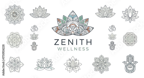 Zenith Wellness Logo Collection with Lotus Flowers and Hamsa Hands.