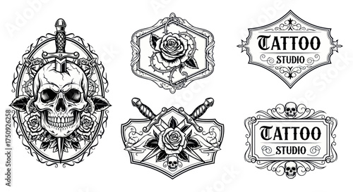 Vintage monochrome tattoo designs with skulls roses and daggers.