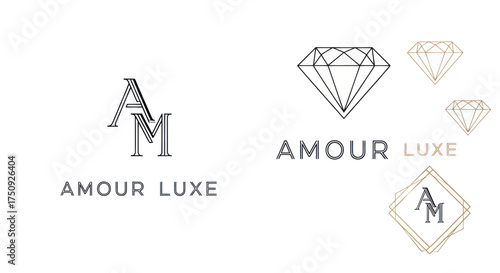 Elegant Amour Luxe logo design set with AM monogram and diamond icon.