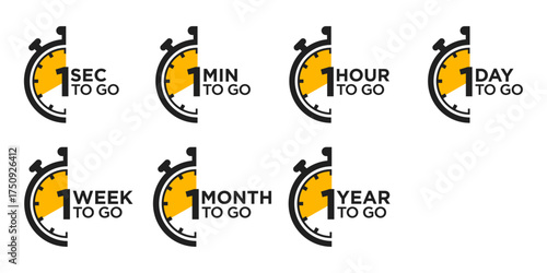 Last countdown icon set. 1 second, minute, hour, day, week, month, and year to go icons. Vector illustration.