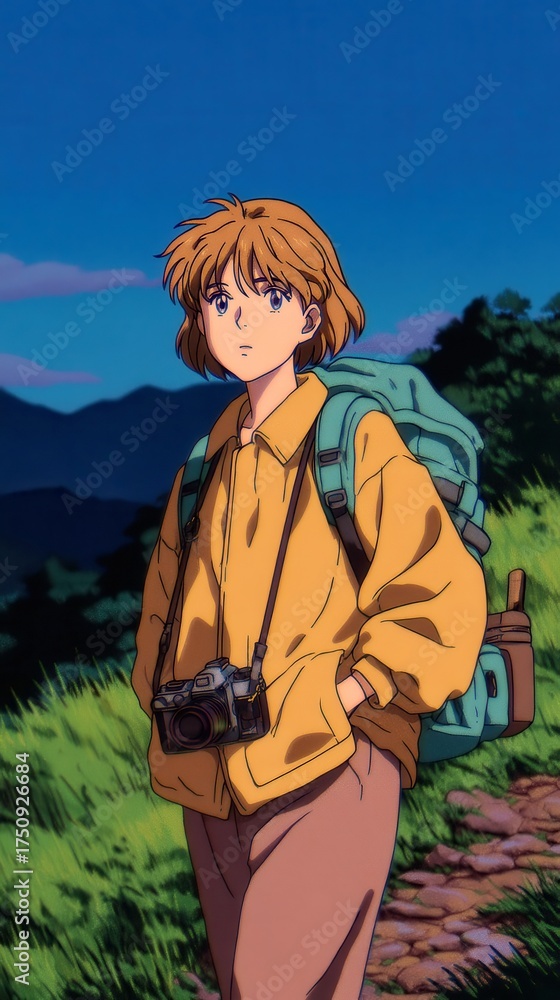 Naklejka premium Young adventurer in nature, cheerful animated character wearing a yellow jacket with a backpack against a mountain backdrop.