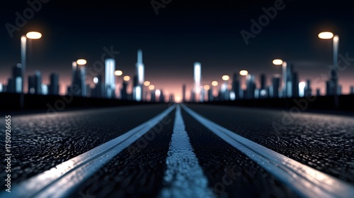 3D Toy City Night Scene with Empty Asphalt Road and Streetlights
