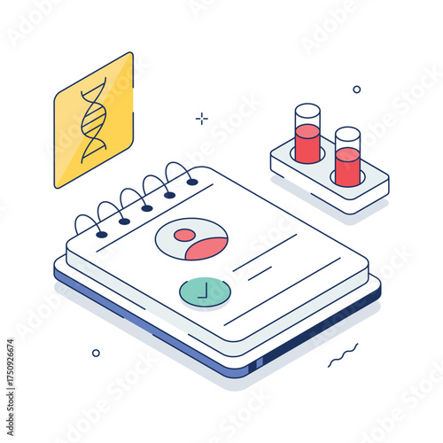 Isometric illustration of DNA testing, genetic research, and biological innovation.