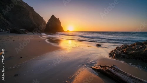 Dramatic Coastal Sunset With Jagged Rock Formations Overlooking The Ocean And Sandy Beach