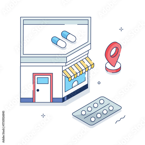 Isometric vector of pharmacy building with medicine and prescription concept.