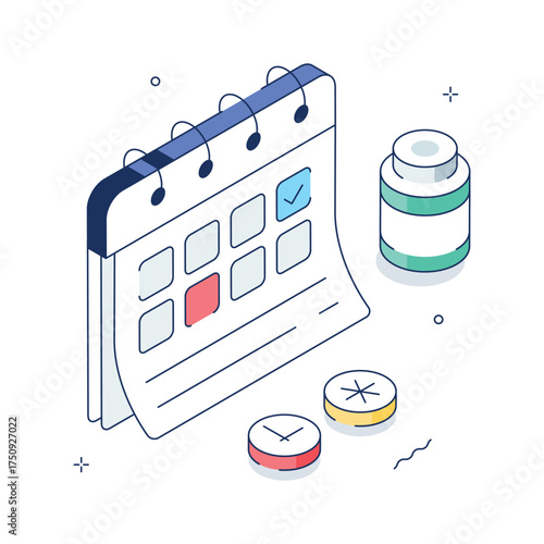 Isometric calendar and medicine bottle representing medicine reminder