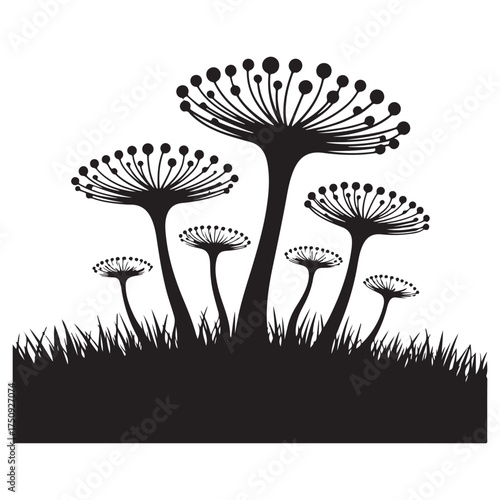 Abstract silhouette of dandelion seed heads growing in grass, isolated on white background