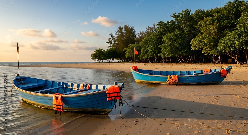 Fototapeta premium Boats on a Tropical Beach at Sunset - Serene Coastal Scene.