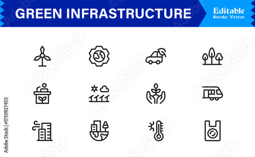 Essential Green Infrastructure Line Icon Set – Professional Minimal Vector Icons Featuring Modern Editable Pixel-Perfect Designs for Sustainable Urban Development and Ecology