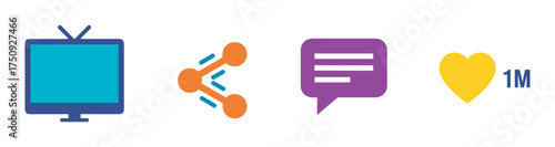 Colorful icons of a television, social media share symbol, chat bubble, and yellow heart with "1m" text.