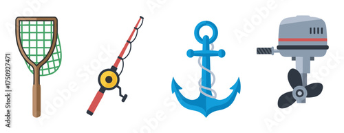 Collection of colorful fishing equipment including a net, fishing rod, blue anchor, and boat motor, illustrating nautical and recreational fishing themes.