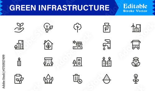 Essential Green Infrastructure Line Icon Set – Professional Minimal Vector Icons Featuring Modern Editable Pixel-Perfect Designs for Sustainable Urban Development and Ecology