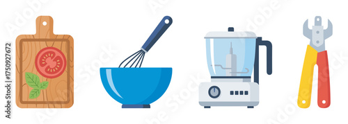 Illustrated kitchen tools including a wooden cutting board with sliced tomato and basil, a blue mixing bowl with whisk, a food processor, and a pair of colorful pliers.
