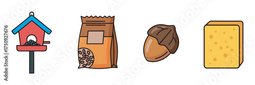 Colorful vector icons of a birdhouse with seeds, a paper bag of coffee beans, an acorn, and a block of cheese illustrating various food and habitat elements.
